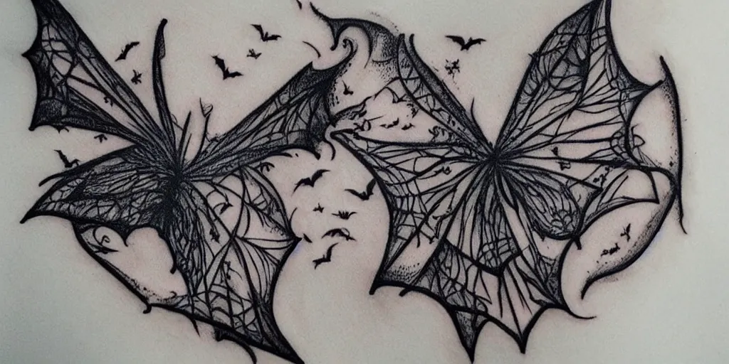 Image similar to realistic tattoo designs drawn on paper, dark, bats, cobweb moon, delicate, hyper realism, tim burton, ink, ultra realistic, 8 k