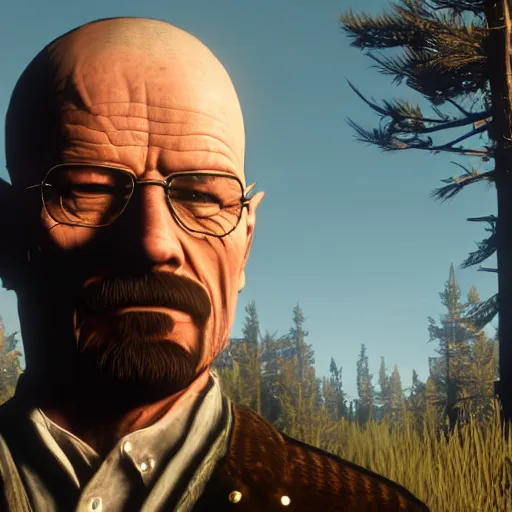 Image similar to Walter White as a character in Red Dead Redemption 2, forest during sunset, realistic screenshot