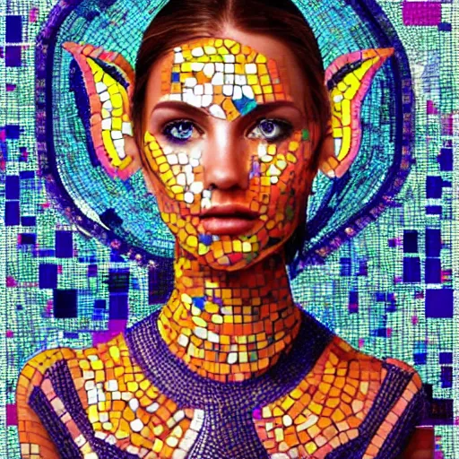 Prompt: mosaic portrait of a beautiful cute girl with robot ears by Saimir Strati, 4k, intricate details, shining vibrant colors in the background