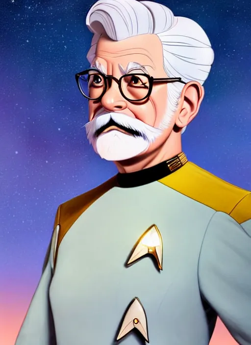 Image similar to cute star trek officer colonel sanders, natural lighting, path traced, highly detailed, high quality, digital painting, by don bluth and ross tran and studio ghibli and alphonse mucha, artgerm