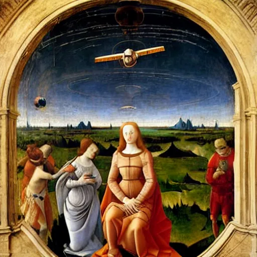 Image similar to beautiful renaissance painting portrait of an astronaut floating in space by sandro botticelli, jan van eyck, tiziano vecelli, piero della francesca