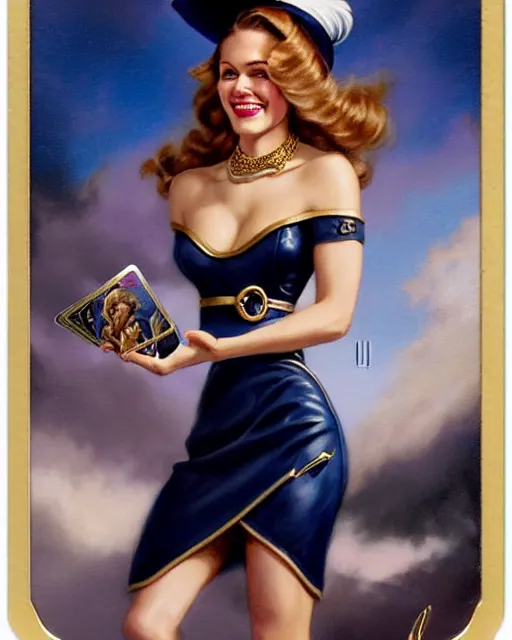 Image similar to a beautiful lady on a magic the gathering card by magali villeneuve and gil elvgren, crisp details, hyperrealism, smiling, happy, feminine facial features, stylish navy blue heels, gold chain belt, cream colored blouse, maroon hat, windblown, holding a leather purse, mtg card, mtg