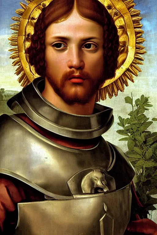 Image similar to renaissance painting of spartan, portrait, face closeup, emotions closeup, dressed in spartan armour, the beautiful garden with liliac bush everywhere, ultra detailed, art by guido reni style, vincenzo catena style