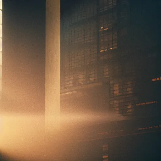 Image similar to color photography of deckard's apartment in blade runner, evening, beams of golden dusty light filtering through window, narrow depth of field, moody