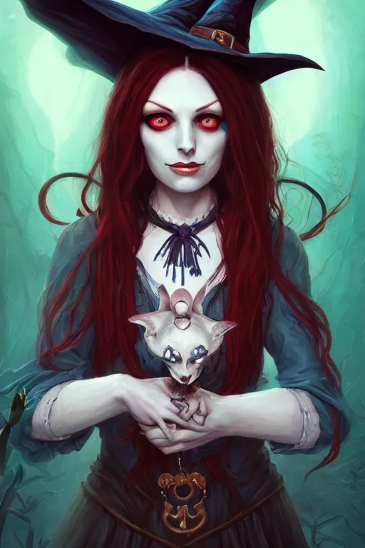 Image similar to portrait of a witch, american mcgee's alice, sharp focus, artstation, trending, by julie dillon, luis melo, tyler miles lockett, lei jin, hong lei, ken wong, adam narozanski, joy ang