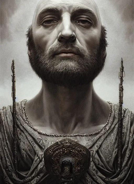 Image similar to wisened philosopher king (an absolute monarch of his ancient european kingdom) resides on his throne, his gaze transfixed on the horizon of infinity, his mind contemplating eternity, highly detailed DnD portrait by Raffaello Ossola and Ross Tran and Greg Rutkowski and Zdzisław Beksiński, stunning detail, 8k, 4k