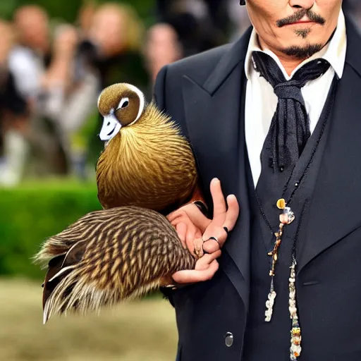 Prompt: johnny depp holding a duck up to the camera