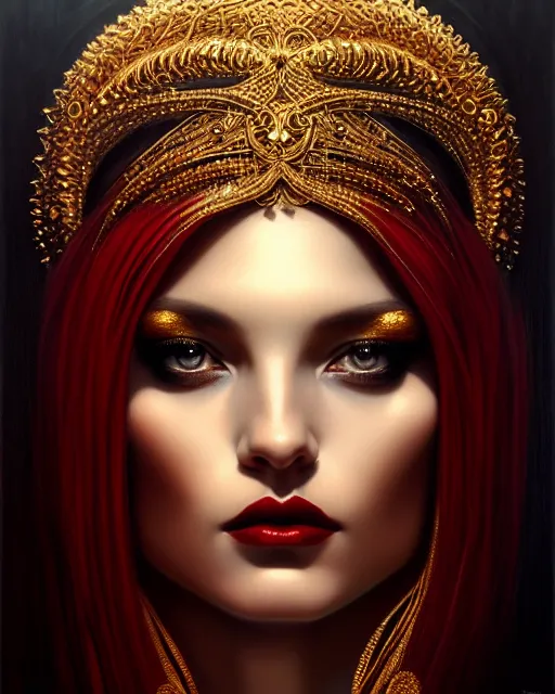 Image similar to portrait of a beautiful goddess, enigmatic beauty, dominant shades of black, gold silver, dark red, white, head in focus, fantasy art, ornamental aesthetics, intricate, elegant, highly detailed, hyperrealistic, artstation, concept art, soft illumination, painterly, sharp focus, by karol bak