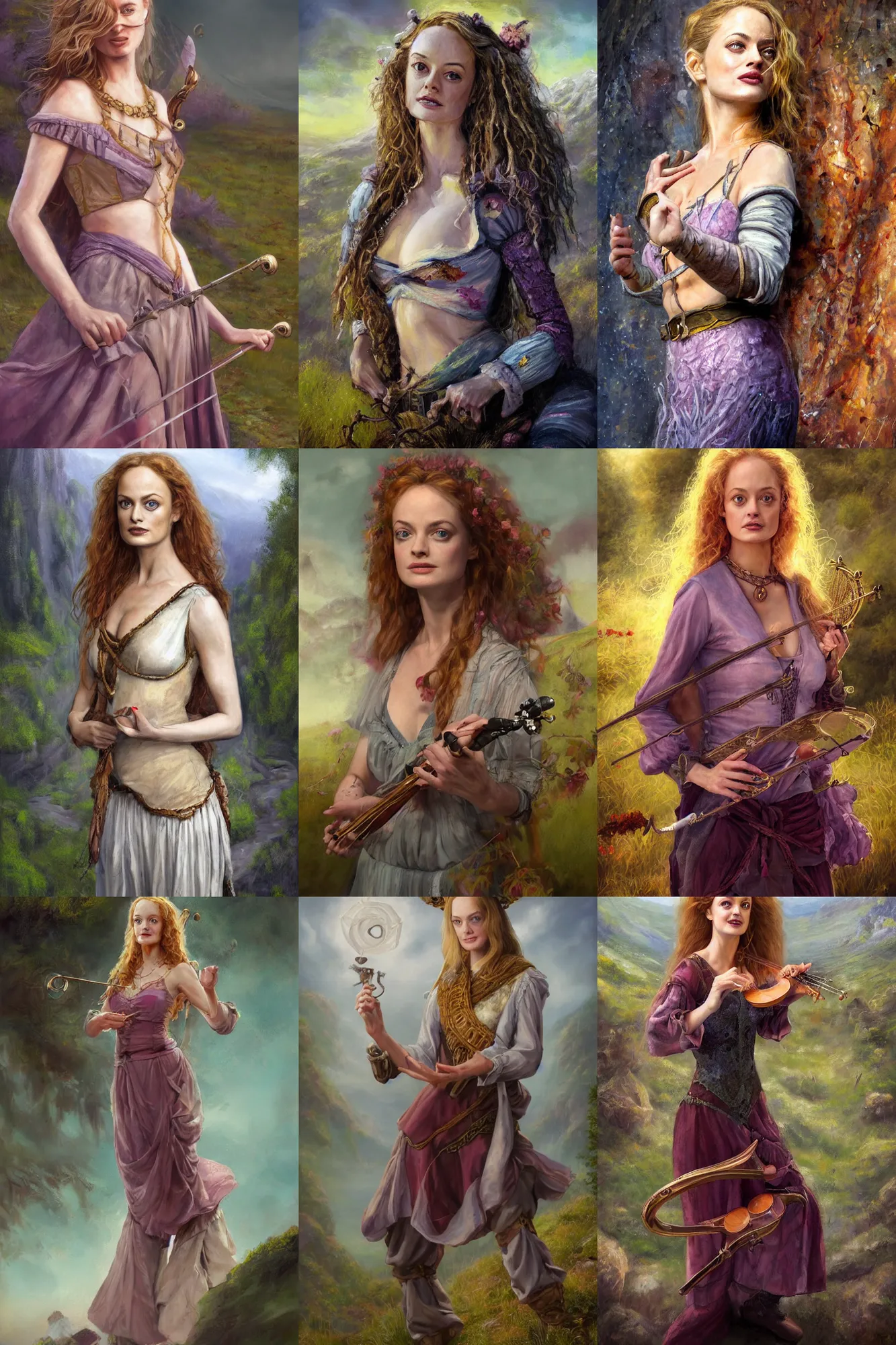 Image similar to a full body high detail fantasy portrait oil painting illustration of young heather graham as a beautiful sophisticated singing bard woman by justin sweet with face and body clearly visible, in a scenic background, pupils visible, realistic proportions, d & d, rpg, forgotten realms, artstation trending, high quality, sombre mood, artstation trending, muted colours, entire person visible!