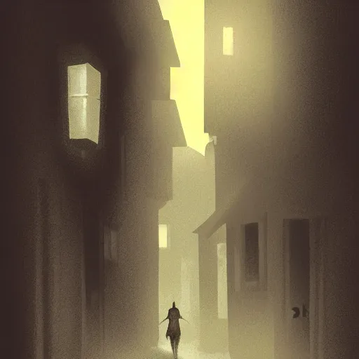 Prompt: digital art painting of dark alleyway with a black silhouette of a cat standing in a dimly lit passage at the end, cgsociety, trending on artstation