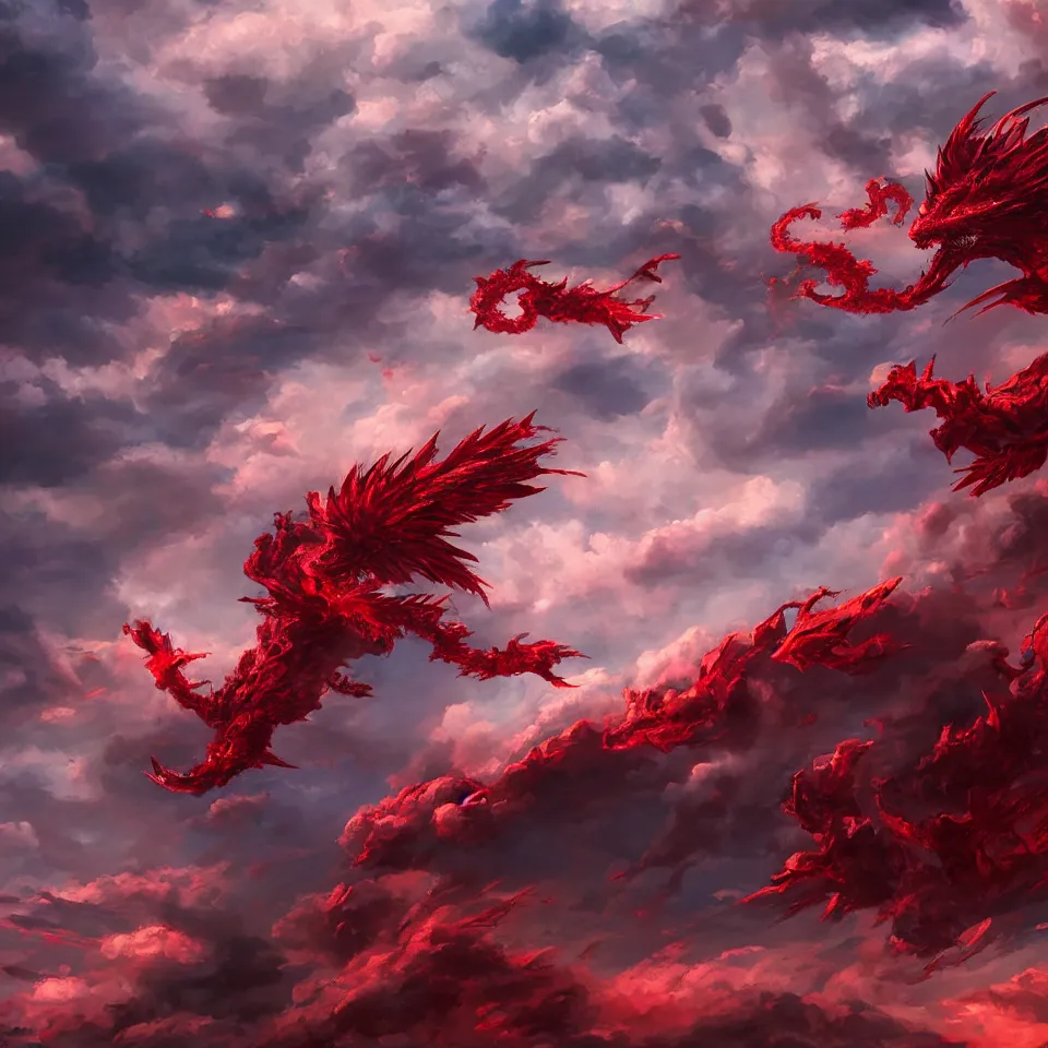 Prompt: crimson thunder clouds and an azure dragon of the Chinese zodiac, hyperrealistic textures, award-winning digital art on Pixiv, trending on Artstation