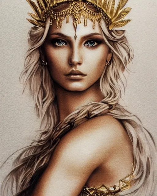 Image similar to tattoo sketch of hot blonde super model as aphrodite greek goddess wearing a gold laurel wreath and triangle earrings, beautiful piercing gaze with sharp pupils, in the style of greg rutkowski, fantasy, amazing detail, epic, elegant, smooth, sharp focus, front view