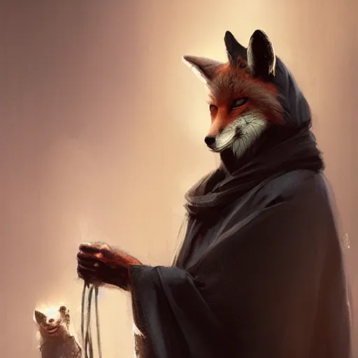 Image similar to A portrait of an anthropomorphic fox in a black hooded robe by Greg Rutkowski