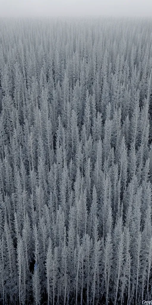 Image similar to Dark spruce forest frowned on either side of the frozen waterway. The trees had been stripped by a recent wind of their white covering of frost, and they seemed to lean toward each other, black and ominous, in the fading light. A vast silence reigned over the land. The land itself was a desolation, lifeless, without movement, so lone and cold that the spirit of it was not even that of sadness, highly detailed super wide angle