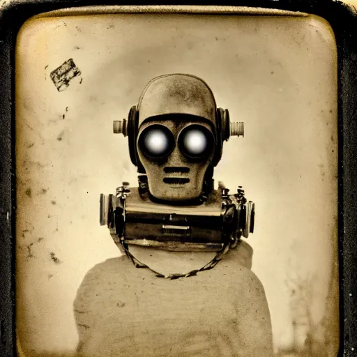 Prompt: “Early 1900s daguerreotype, robot zombie in the forest with exposed brain, hyper realistic, by Steven Rhodes, shallow depth of field, sepia, eerie, macabre, scratches and burns on film, horror, cinematic, photorealistic, highly detailed”