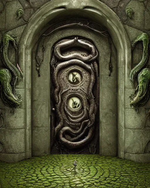 Prompt: highly detailed rendering of a lovecraft eldritch horror ghost realm portal doorway, with cthulhu with wings beckoning in the center, surrounded by swirling mists, portal is in the center of an old mossy cobblestone wall covered in ancient runes, greg rutkowski, photorealistic vivid 8 k resolution