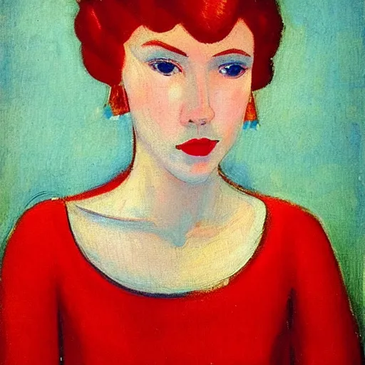 Image similar to Woman model appearance, in the colors of Russian folk art, red hair, coral lips blue shadow, style Edward Hopper