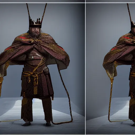 Image similar to full body painting of a highly detailed king in rope with cape, 8 k octane render, unreal engine, concept art, photorealistic