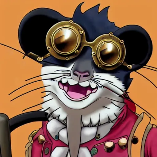 Prompt: a rat with steampunk googles, from One piece