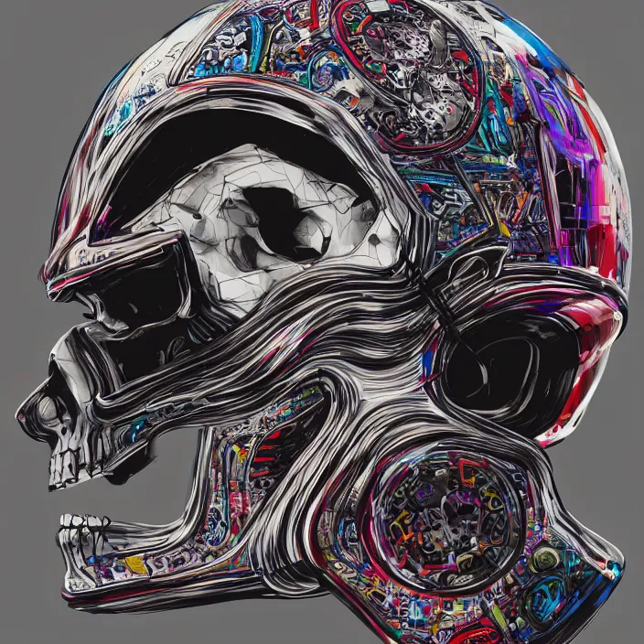 Image similar to portrait of a skull in a racing helmet. intricate abstract. intricate artwork. by Tooth Wu, wlop, beeple, dan mumford. octane render, trending on artstation, greg rutkowski very coherent symmetrical artwork. cinematic, hyper realism, high detail, octane render, 8k, iridescent accents