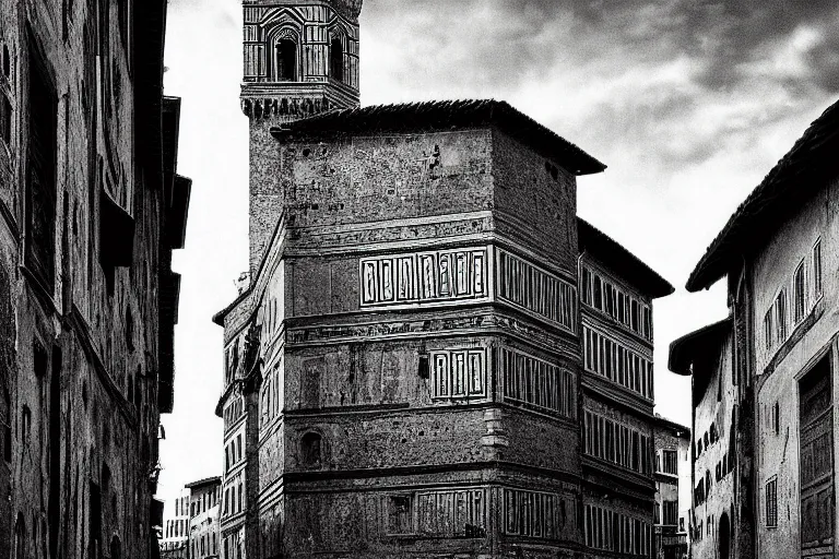 Prompt: florence old street in 1 6 th century with a tower in background, line art, black and white, dramatic lighting, cinematic composition, concept art, detailed textures