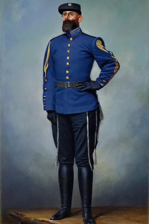 Prompt: full body portrait of the dictator of the minnesota timberwolves, 1 8 8 9, in full military garb, midnight blue, lake blue, moonlight grey and aurora green, oil on canvas by william sidney mount, trending on artstation