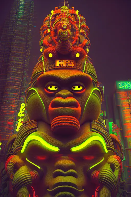 Image similar to high quality 3 d render hyperrealistic cyberpunk hanuman head building, neon yellow madhubani, highly detailed, in sci - fi mumbai, unreal engine cinematic smooth, liam wong, moody light, low angle, uhd 8 k, sharp focus