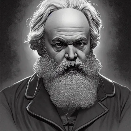 Image similar to Karl Marx pondering his orb, highly detailed, digital painting, artstation, concept art, smooth, sharp focus, illustration, art by todd lockwood and magalie villeneuve and alan lee and artgerm and greg rutkowski and alphonse mucha