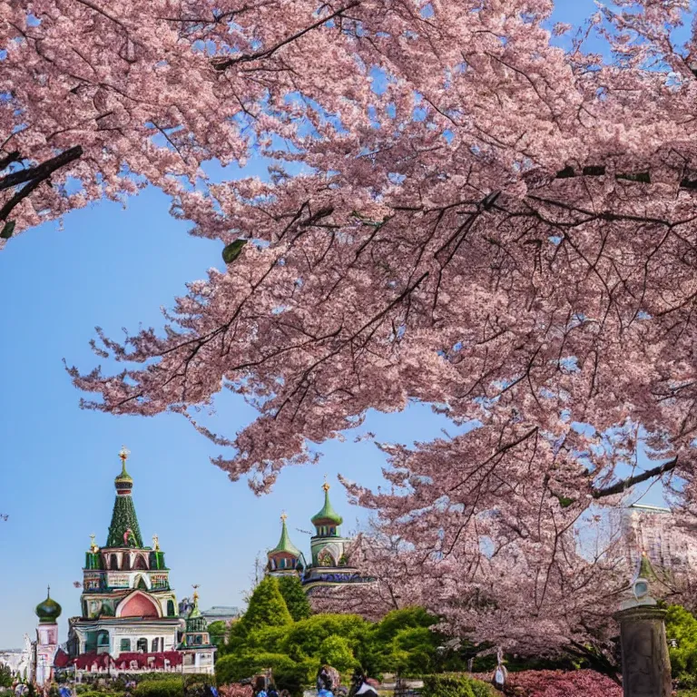 Image similar to photo of japanese sakura garden in the center of moscow with christian temple and kremlin on the background, sony a 7 r