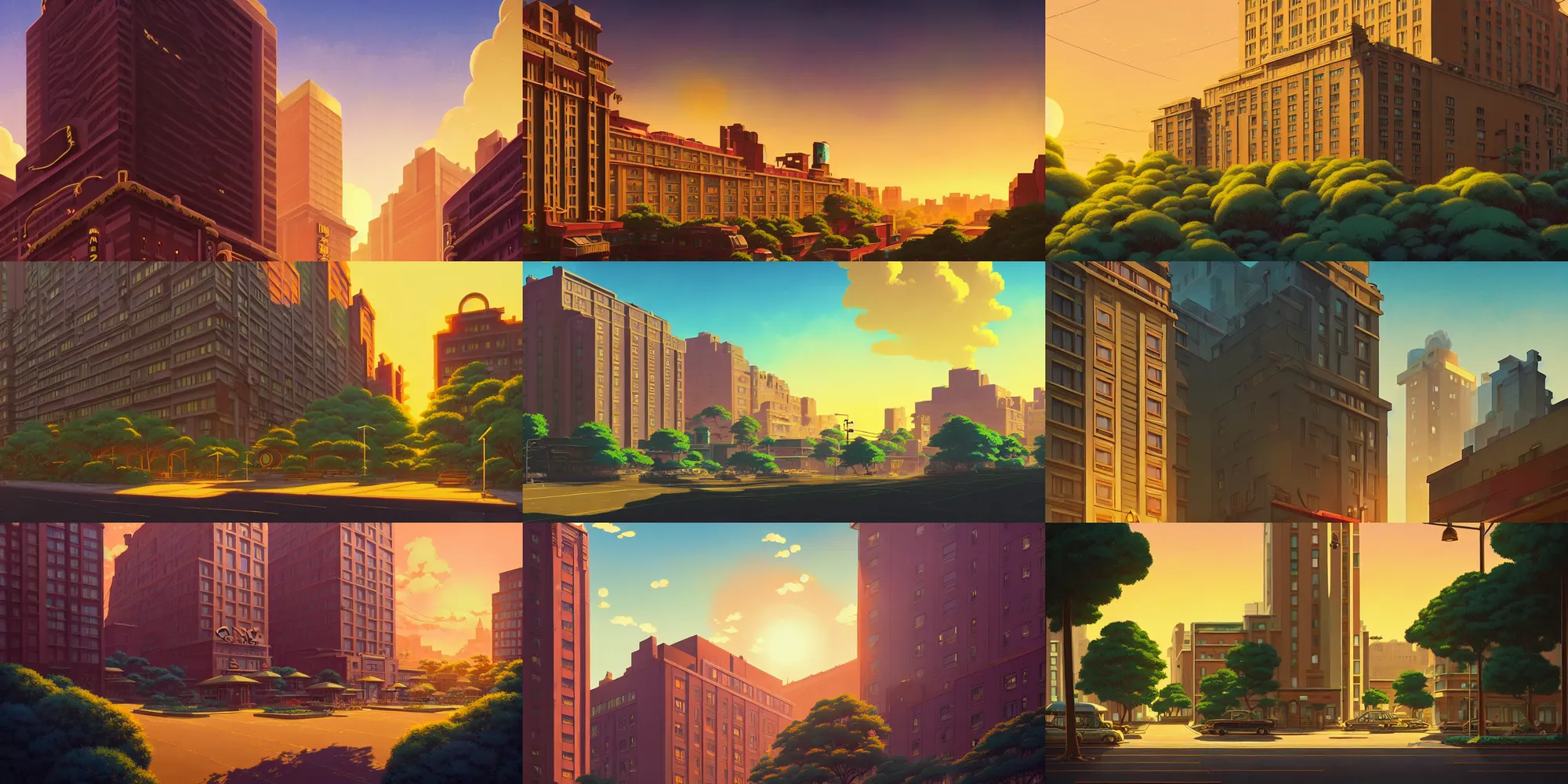 Prompt: black art deco hotel with gold trim, lush brooklyn urban landscaping, dappled golden sunset, volumetric lighting, beautiful wide shot in the anime style by ghibli studio, noah bradley, alena aenami, greg rutkowski