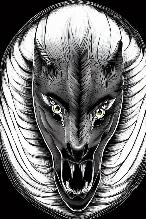 Image similar to fanged horse, symmetrical, highly detailed, digital art, sharp focus, trending on art station, kentaro miura manga art style