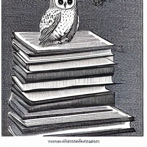 Image similar to an owl perched on a stack of books, art by james o barr and albrecht durer, woodblock print, black and white, vector