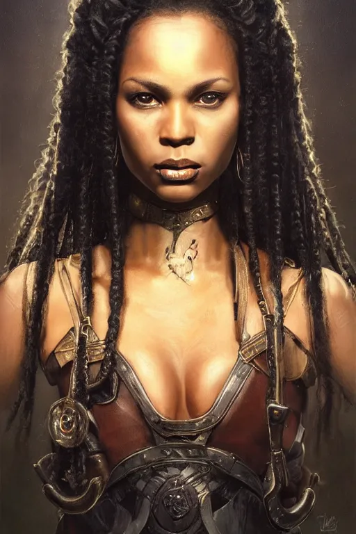 Prompt: breathtaking detailed soft painting of a full shot of sexy black girl warrior in leather, with long hair and piercing eyes, medieval clandscape, symmetrical realistic facial features, rembrandt style, elegant, highly detailed, artstation, concept art, matte, sharp focus, art by tom bagshaw, kelogsloops and greg rutkowski