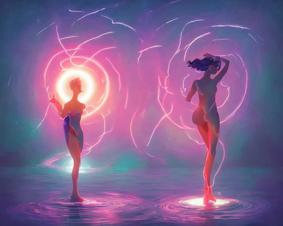 Image similar to a beautiful whimsical goddess standing on a lake basking in the moonlight, firebending, underneath a multi-colored binary blackhole with an accretion disc, glowing trails following her arms, wearing professional makeup, synthwave, by Lois van Baarle, by Greg Rutkowski, by artgerm, by beeple, by studio ghibli, cinematic angle, volumetric lighting, 4k resolution, octane render, trending on artstation, masterpiece