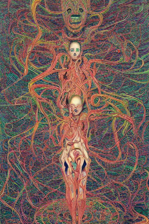 Image similar to body breaking apart, life like conjuring psychedelic illustration by shintaro kago, ultra realistic, highly detailed, hypermaximalist, symmetrical, rich deep colors. beksinski painting, part by adrian ghenie and gerhard richter. art by takato yamamoto. masterpiece