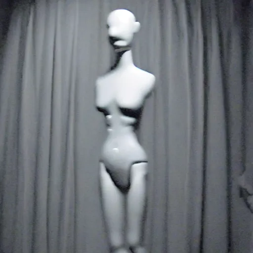 Prompt: creepy happy Mannequin in the backrooms. Liminal. VHS found footage. Shaky, grainy.