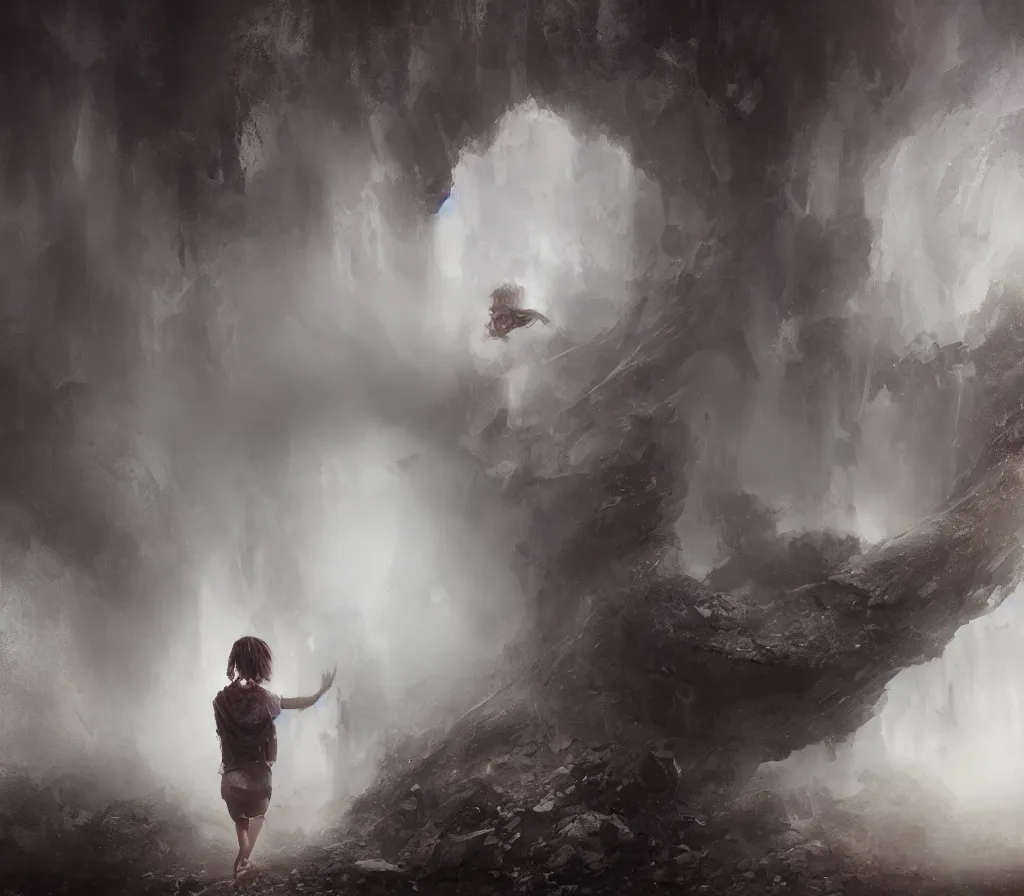 Prompt: a short haired girl girl stepping into a well full of mists and overflowing with energy, art by greg ruthowski, bastien lecouffe - deharme, ultra detailed, trending on artstation, 4 k, 8 k