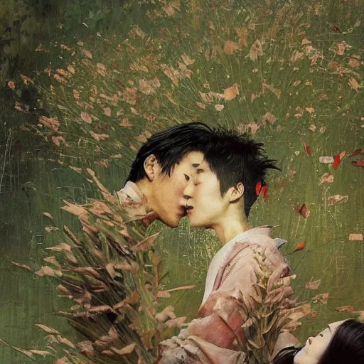 Prompt: a beautiful portrait of two young japanese lovers made of wind and plants and fragmented pieces, muted cold colors, consciousness of night, painting part by wojciech siudmak, part by ilya repin, part by norman rockwell, artstation