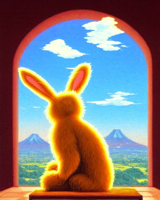 Prompt: a bear with rabbit ears, sitting in tokyo, city, sunny day, highly detailed, masterpiece, award winning, realistic, art by thomas cole and studio ghibli