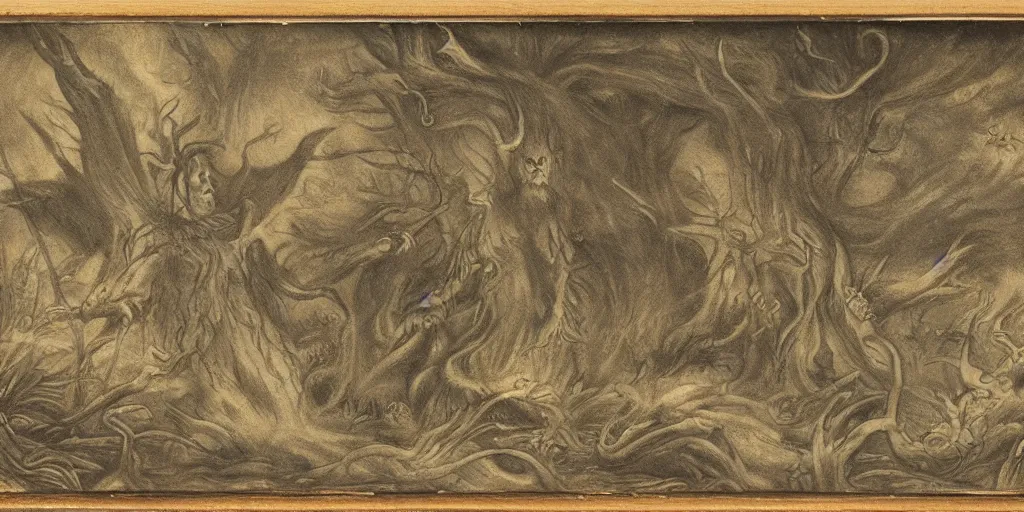 Prompt: expressive cloaked flowing shadow demon lurking in a dense creepy, mythical woodland. beautiful angles holding golden chains in the sky. 1 7 th century colored graphite heightened with opaque paints miniature on vellum.