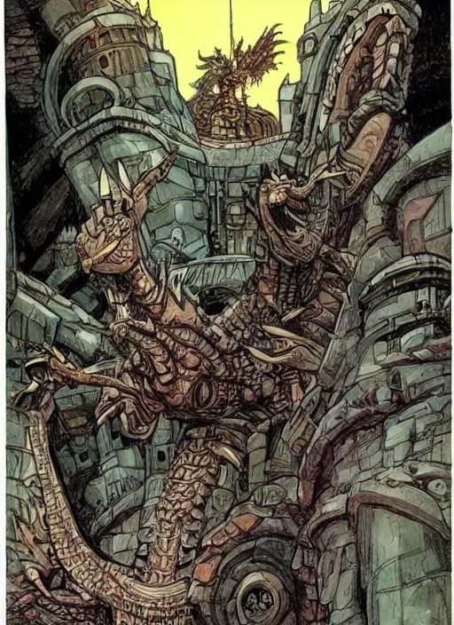 Image similar to intricate fantasy comic book drawing of a ( giant mechanical dragon ) over a ( stronghold castle ) by dariusz zawadski and simon stalenhag, simon bisley!, jack kirby!!! and gris grimly, cinematic, epic, awesome color palette