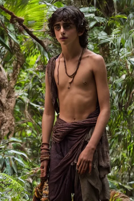 Image similar to timothee chalamet plays mowgli in the live action adaptation of the jungle book, red weapon 8 k s 3 5, cooke anamorphic / i lenses, highly detailed, cinematic lighting