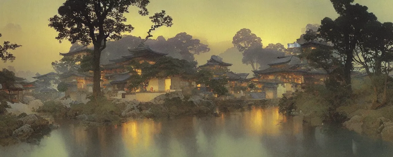 Image similar to a beautiful painting of an acient japanese town nearby a small river in the evening by alfons maria mucha and ivan aivazovsky, ultra detailed, volumetric lighting,