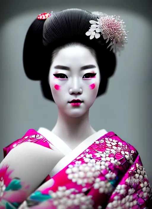 Image similar to Geisha extreme closeup photo portrait, beautiful pale makeup, pearlescent skin, elegant pose, very detailed, highly detailed kimono, photorealism, artstation, different point of view, sharp focus, photorealistic, soft diffuse lights, canon 5D 50 mm lens, zen natural background, def of field