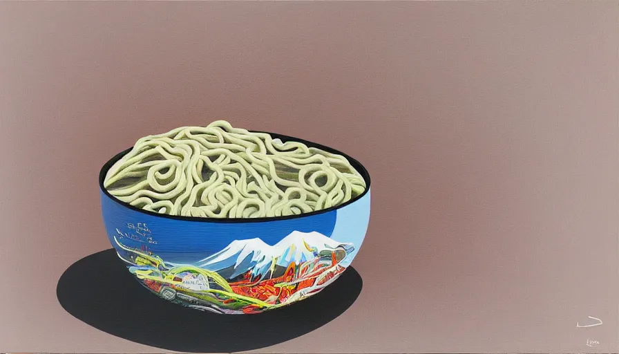 Prompt: I giant ramen bowl filled with Japan travel and adventure, isolated on a minimalist white acrylic base coat, acrylic airbrush collage-painting by Jules Julien, Leslie David and Lisa Frank, muted colors with predominant white background minimalism, neon color mixed media painterly details, neo-classical composition, rule of thirds, design tension, impactful graphic design