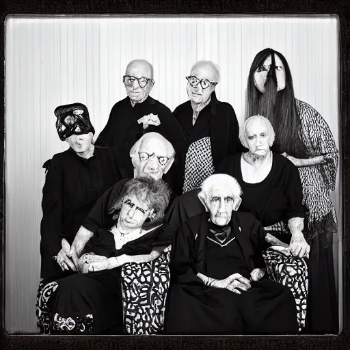 Image similar to an old age home for geriatric goths. photograph group portrait.