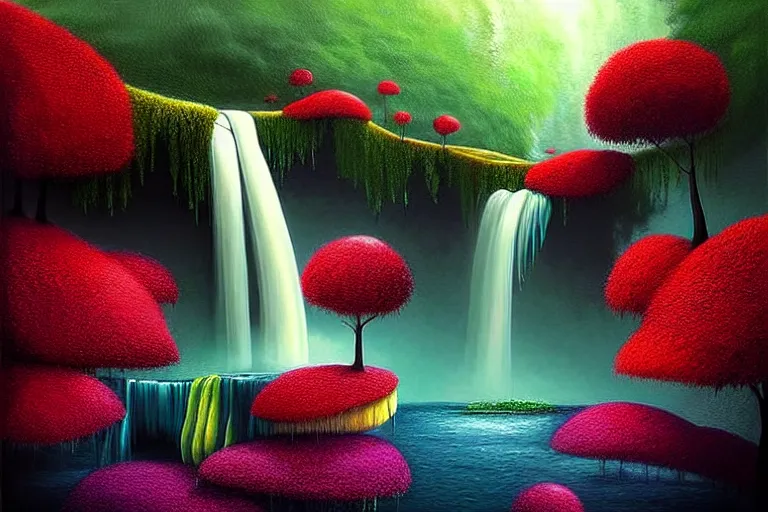 Image similar to surreal glimpse into other universe, waterfall, summer morning, very coherent and colorful high contrast, art by!!!! gediminas pranckevicius!!!! dark shadows, hard lighting