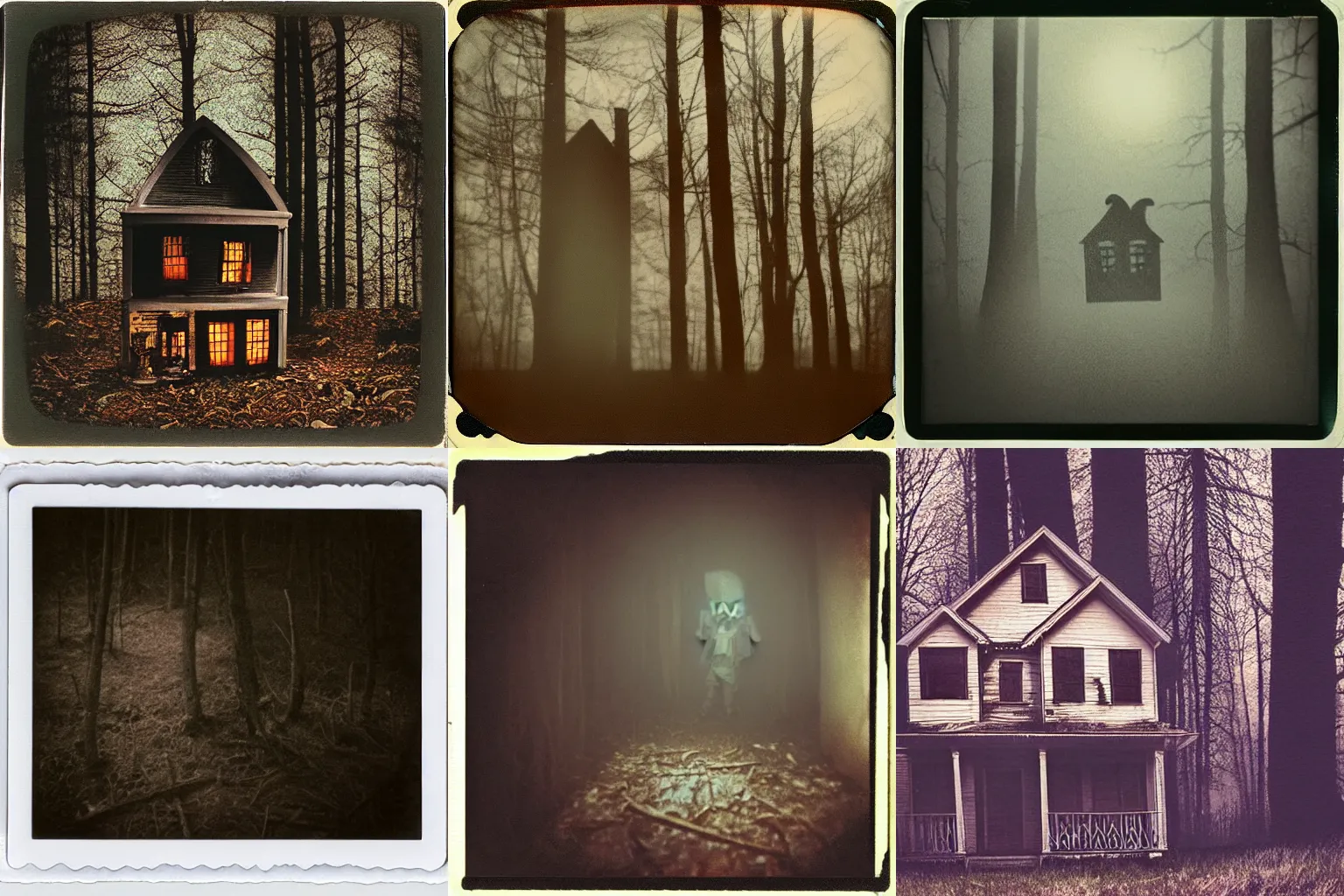 Image similar to an eerie polaroid photograph of a scary evil horrifying doll house in the woods, nighttime, dimly lit, creepy hd 4k