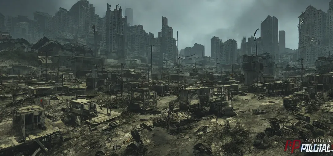 Image similar to A photorealistic and highly detailed landscape of post apocalyptic Hong Kong set in the Fallout Universe, dynamic lighting, very sunny