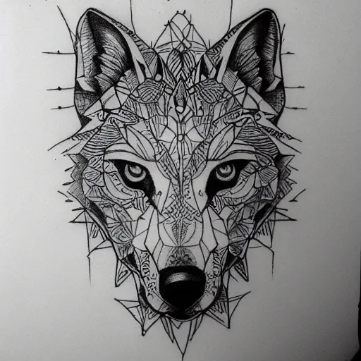 Image similar to tattoo stencil. pencil line drawing, black and white, wolf